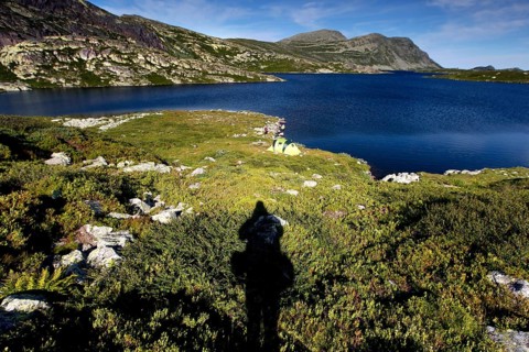 Tranquil seascape with long shadows in pristine nature, Hardangervidda, Gausdal, Norway