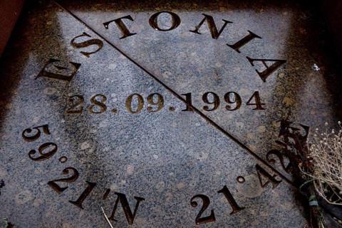Memorial stone with date and coordinates engraved on it, Tahkuna, Hiiumaa, Estonia