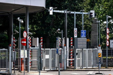 Border crossing with barriers and signs in Narva, Peetri, Narva, Estonia