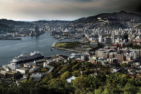 View of Nagasaki Harbour with bridge and city from Nakanmuriyama Observatory, Nagasaki, Japan