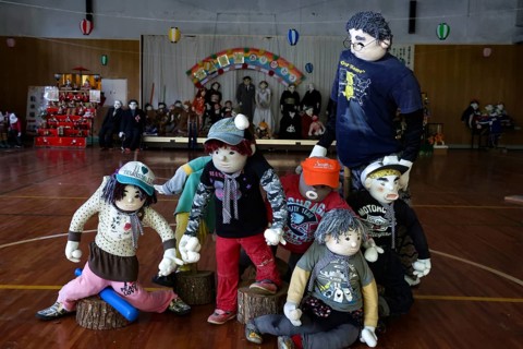 Group of rag dolls in a meeting hall in Nagoroshimo, Nagoroshimo, Japan