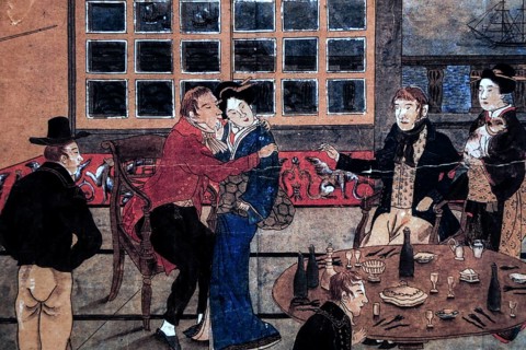 Depiction of a social scene in a Dutch trading base on Dejima with clothing typical of the time,