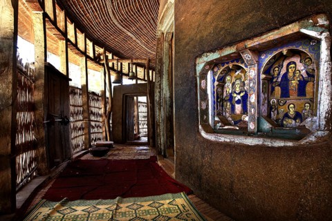Interior view with arched corridor and icons, Lake Tana, Ura Kidhane Mihret, Ethiopia