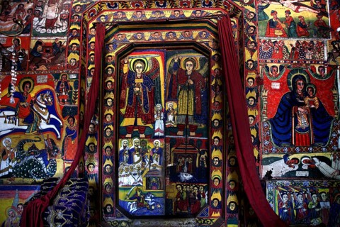 Detailed wall paintings depicting religious scenes and icons, Lake Tana, Ura Kidhane Mihret,