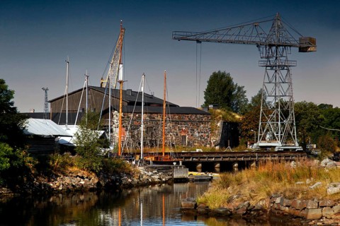 Shipyard and dry dock in Suomenlinna, Helsinki, with crane and rustic environment, Suomenlinna,