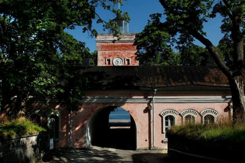 Suomenlinna sea fortress barracks and gate surrounded by trees, Helsinki, Uusimaa, Finland