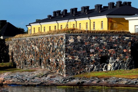 Historic bastion of Suomenlinna sea fortress with stone wall, Helsinki, Uusimaa, Finland