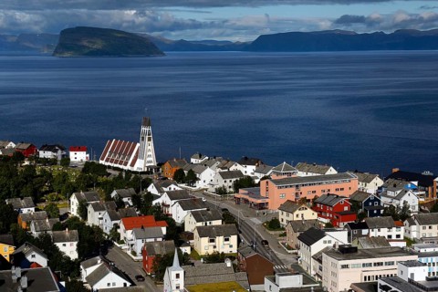 City of Hammerfest with views of the sea and surrounding mountains, Hammerfest, Norway