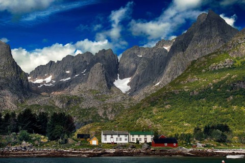Impressive mountain landscape of Lofoten at Raftsund with distinctive mountain peaks and slightly
