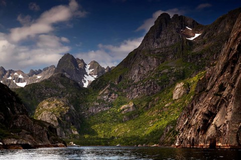 Impressive mountain panorama in the Trollfjord of Lofoten, Austvågøy, Raftsund, Norway