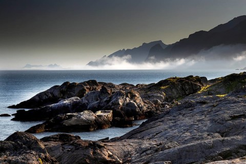 Rough coastal landscape in fog in Vestvågøy, Neslandsveien, Vestvågøy, Lofoten