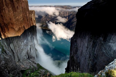 Dramatic view of the twisting Lysefjord from high cliffs, Kjerag, Rogaland, Norway