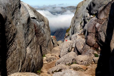 Crevice during the descent from Kjerag in a cloudy landscape, Lysefjord, Rogaland, Norway