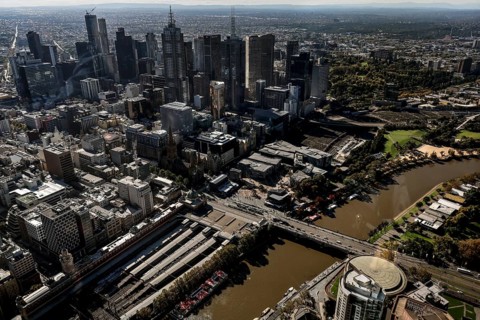 View from Eureka Tower Skydeck over the river and skyscrapers of the city of Melbourne, Melbourne,