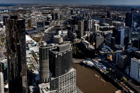 View from Eureka Tower Skydeck over Melbourne's skyscrapers and river landscape, Melbourne,