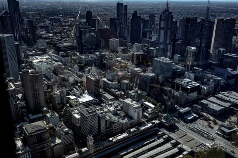 Panoramic view of Melbourne from Eureka Tower Skydeck with dense buildings, Melbourne, Victoria,