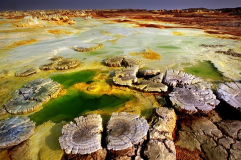 Mystical crater landscape in Dallol with vivid green water basins, Dallol, Afar region, Ethiopia