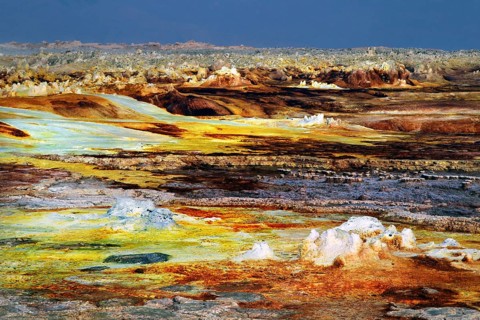 Extensive geothermal landscape in Dallol with green and yellow minerals, Dallol, Afar region,
