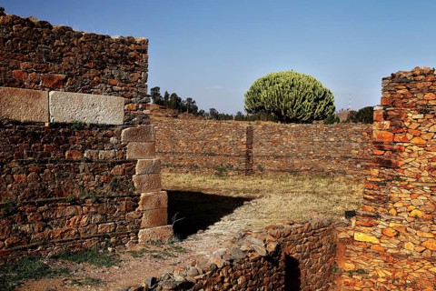 Stone palace of the Queen of Sheba in Axum shows ancient architecture in front of a peaceful