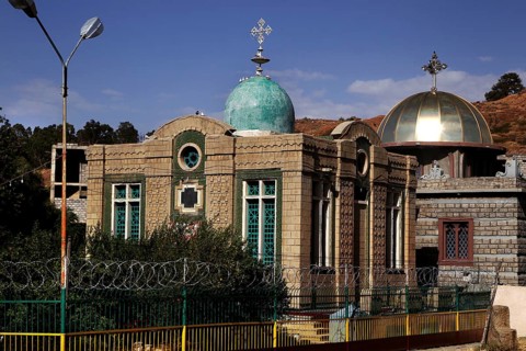 The House of the Ark of the Covenant in Axum with its distinctive domes and religious significance,
