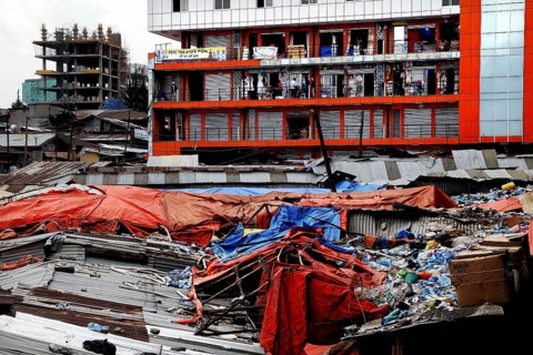Urban backdrop with modern buildings and construction in the foreground, Addis Ababa, Mercato,