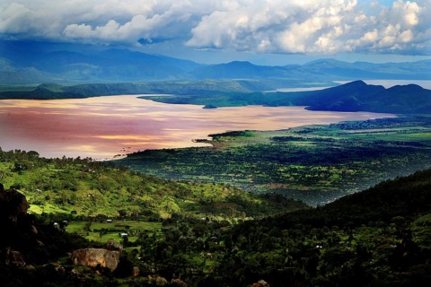 Panorama of Lake Chamo with surrounding green hills and dramatic cloud formations, Lake Chamo,