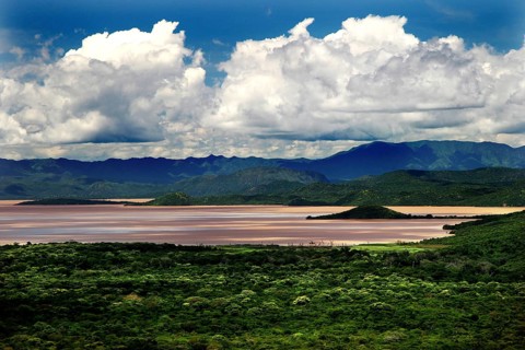 View from Paradise Lodge over Nech Sar National Park near Arba Minch with dramatic clouds and