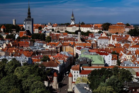 Panorama of Old Tallinn with church towers and historic buildings, blue sky, Tallinn, Harju,