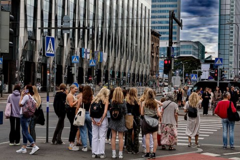 Lively city center of Tallinn on Narva Maantee with modern architecture and crowds, Tallinn,