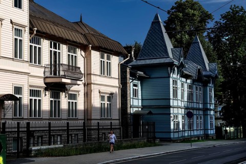 Traditional wooden houses in Kadriorg Tallinn surrounded by green trees, Tallinn, Harju, Estonia