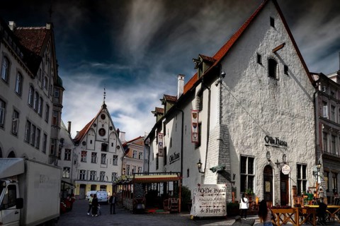 Historic buildings around the Old Market in Tallinn Old Town, Tallinn, Estonia
