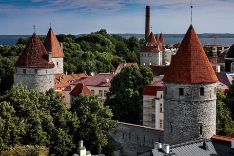 View from the Patkull observation deck over the towers of Old Tallinn, Toompea, Tallinn, Estonia