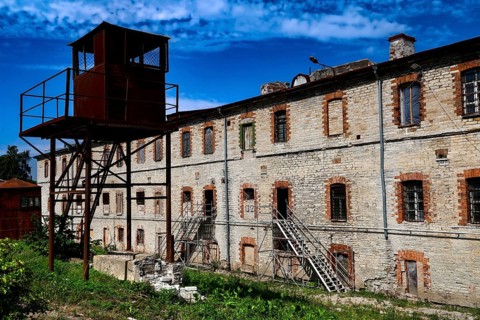 Old prison walls and a watchtower in Tallinn's Kelmiküla, Tallinn, Harju, Estonia