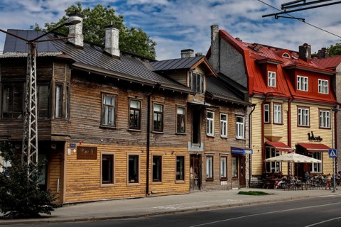 Historic wooden buildings in Kelmiküla, Tallinn, on a quiet street, Tallinn, Harju, Estonia