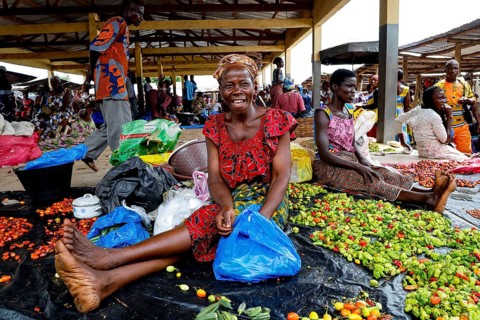 Woman sitting smiling at a market surrounded by colorful vegetables and other goods, Brobo, Côte