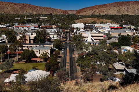 View from ANZAC Hill of the town of Alice Springs with central road and surrounding area, Alice