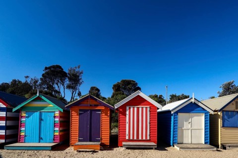 Colourful beach houses of Brighton Beach glow against clear blue skies and green vegetation,