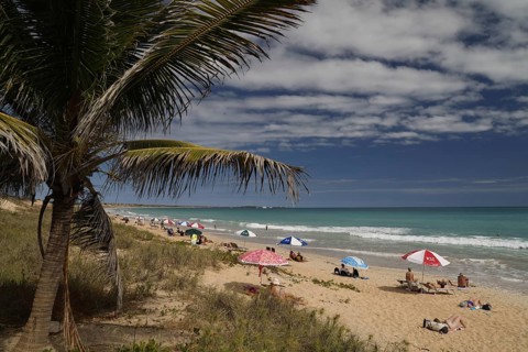 Beach day with coconut trees and colorful umbrellas on Cable Beach, Broome, Western Australia,