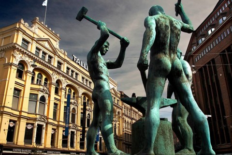 Monument to the Three Blacksmiths at the corner of Pohjoisesplanadi and Mannerheiminti in Helsinki,