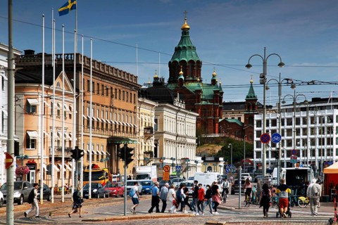 View from Kauppatori of Uspenski Cathedral along the bustling Eteläranta in Helsinki, Helsinki,