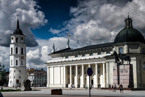 Cathedral and bell tower on Cathedral Square under blue sky, Vilnius, Lithuania