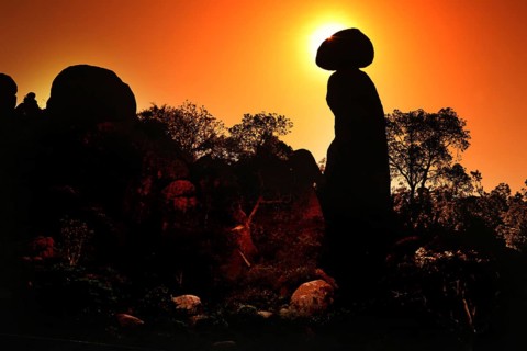 Sunrise in the Valley of Wonders with rock formations and tree silhouettes, Babile, Ethiopia
