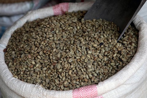 A bag filled with coffee beans at a market in ETH Bahirdar, Bahirdar, Amhara, Ethiopia