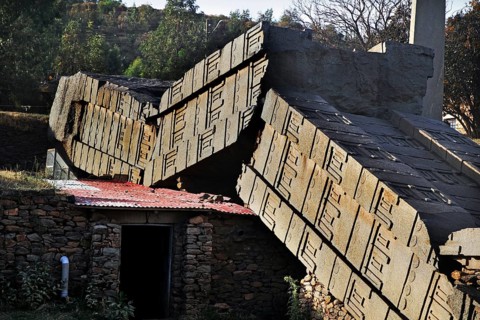 Collapsed ancient structures in Axum Stelenpark, Axum, Tigray, Ethiopia