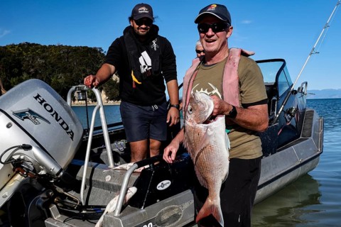 Anglers with Red Snapper on a boat near Adele Island, Adele Island, Abel Tasman National Park, New