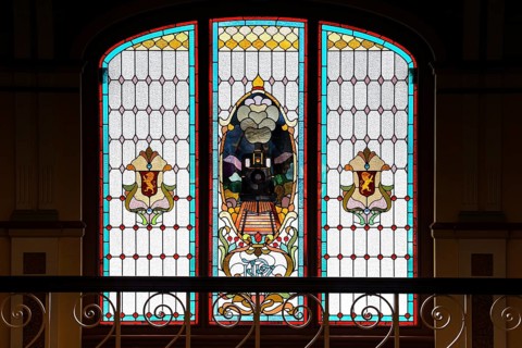 Magnificent colorful window in Dunedin train station with ornate stained glass, Dunedin, null, New