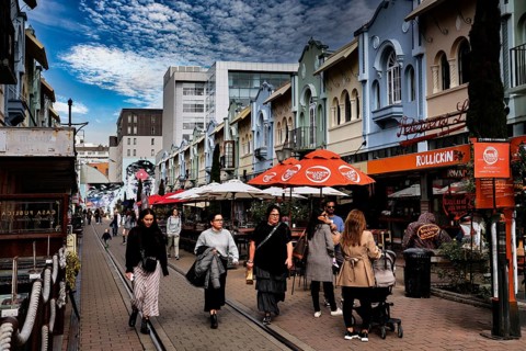 Colourful buildings and lively atmosphere on bustling New Regent Street, Christchurch, New Regent