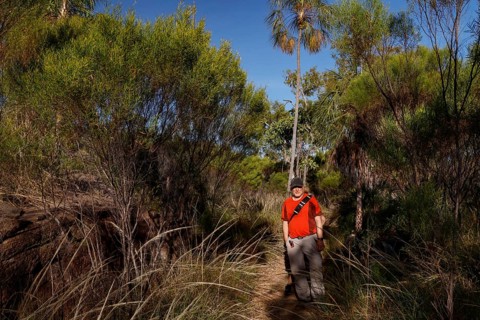 Man wearing red clothing wanders through dense landscape in Nitmiluk National Park, Nitmiluk