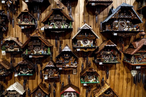 Traditional gift shop with cuckoo clocks on wooden walls in Hahndorf, Hahndorf, South Australia,