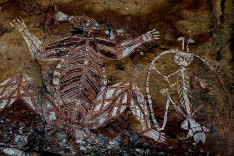 Aboriginal rock art in Nourlangie depicting complex, traditional figures, Nourlangie, Northern